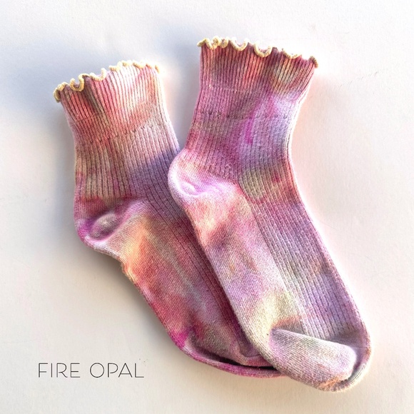 Pastel Pink Rainbow Ruffle Socks, Womens Mid Crew Ice Dye Socks Hand Dyed Tie… - Picture 1 of 4